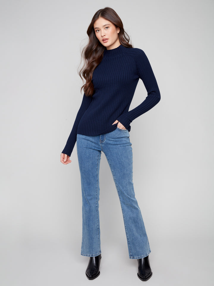 Navy Essential Mock Neck Ribbed Sweater