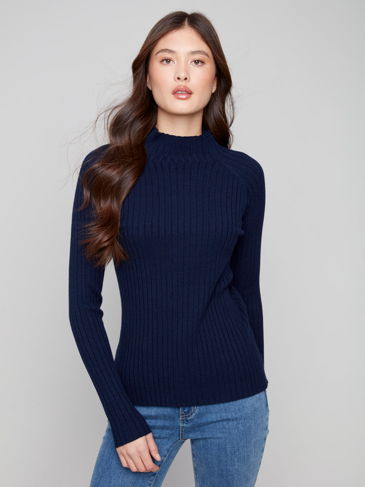 Navy Essential Mock Neck Ribbed Sweater