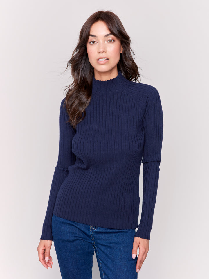 Navy Essential Mock Neck Ribbed Sweater