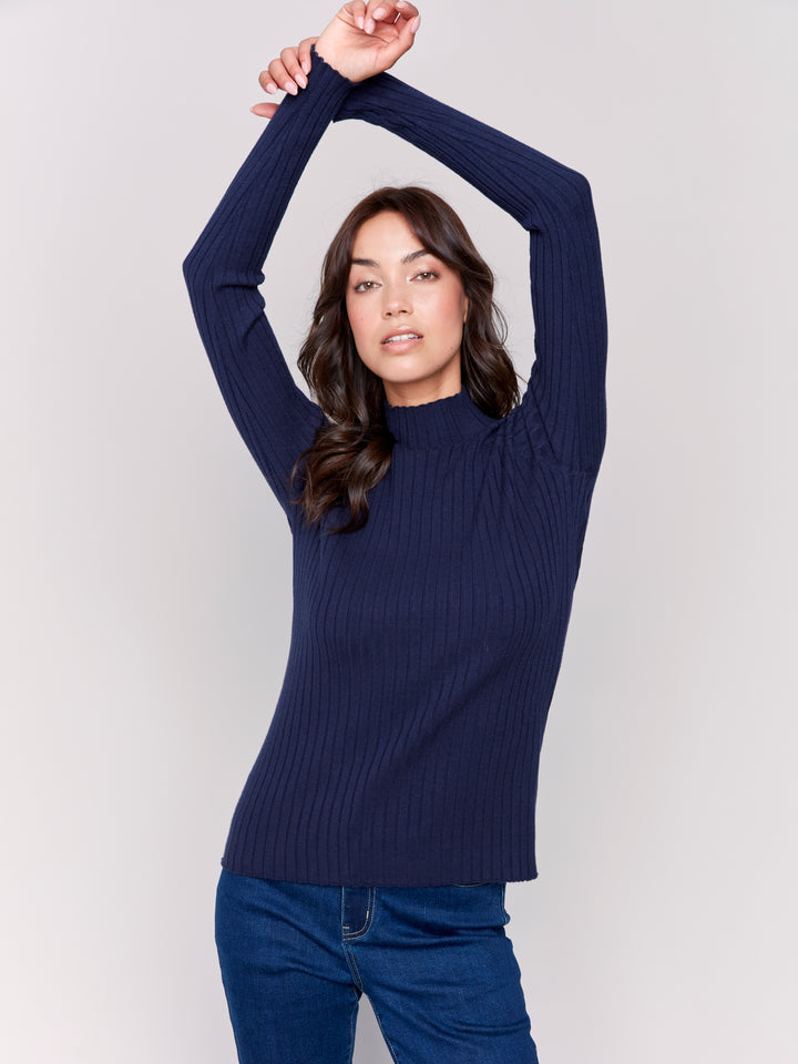 Navy Essential Mock Neck Ribbed Sweater