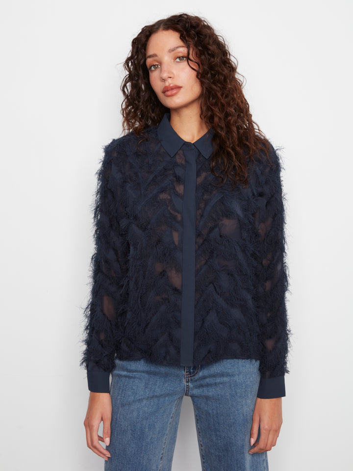 Navy Eyelash Chiffon Button Up Blouse