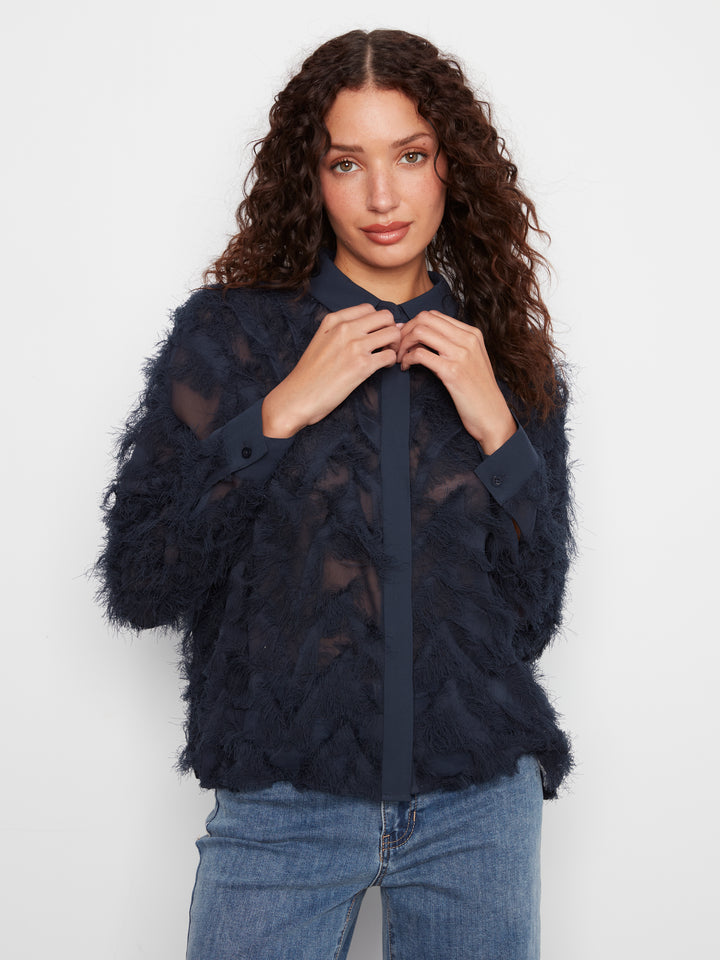 Navy Eyelash Chiffon Button Up Blouse