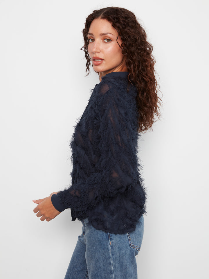 Navy Eyelash Chiffon Button Up Blouse