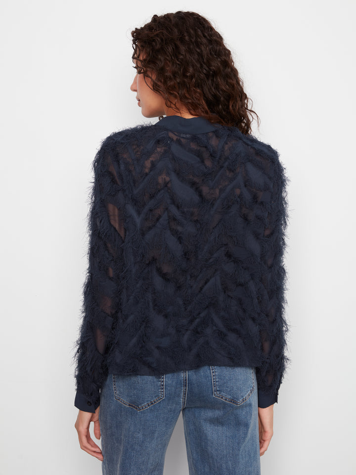Navy Eyelash Chiffon Button Up Blouse