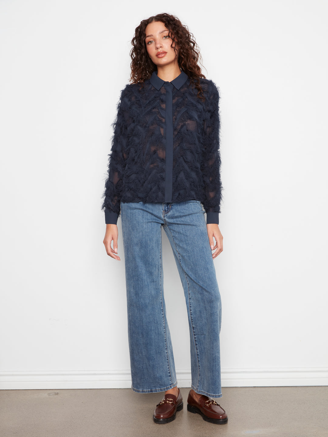 Navy Eyelash Chiffon Button Up Blouse