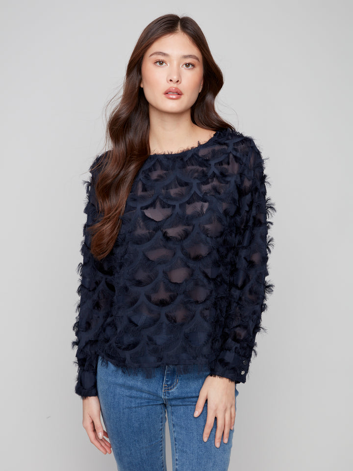 Navy Fancy Chiffon Eyelash Blouse