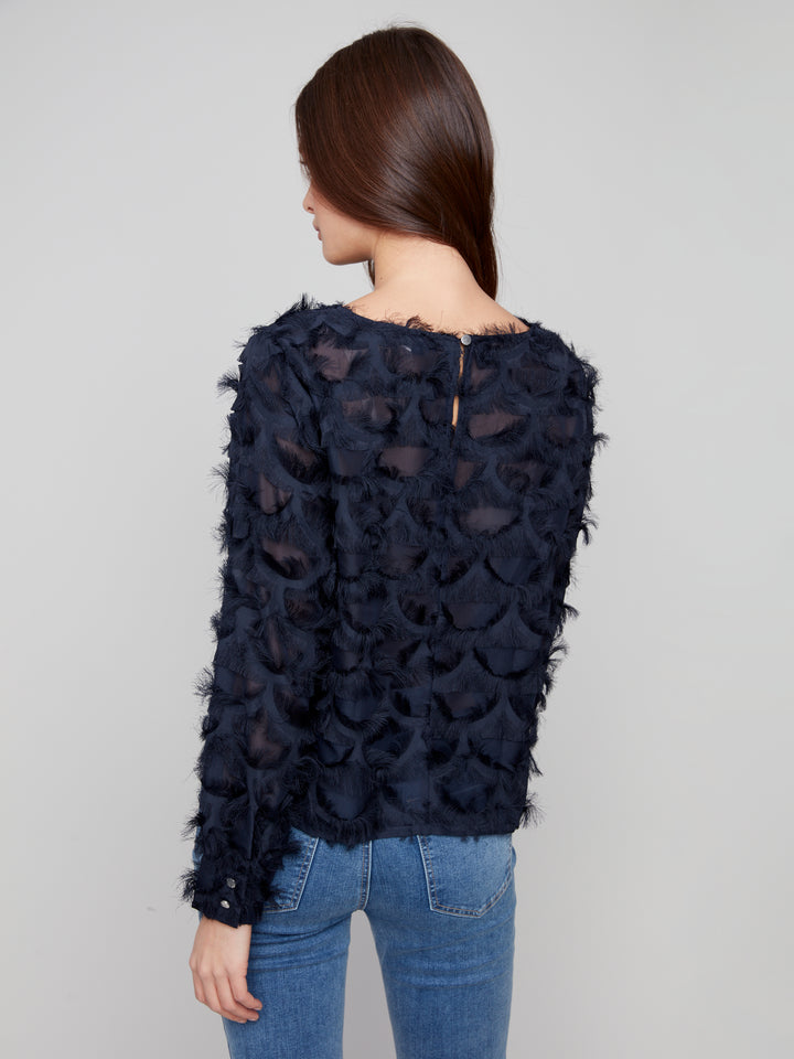 Navy Fancy Chiffon Eyelash Blouse