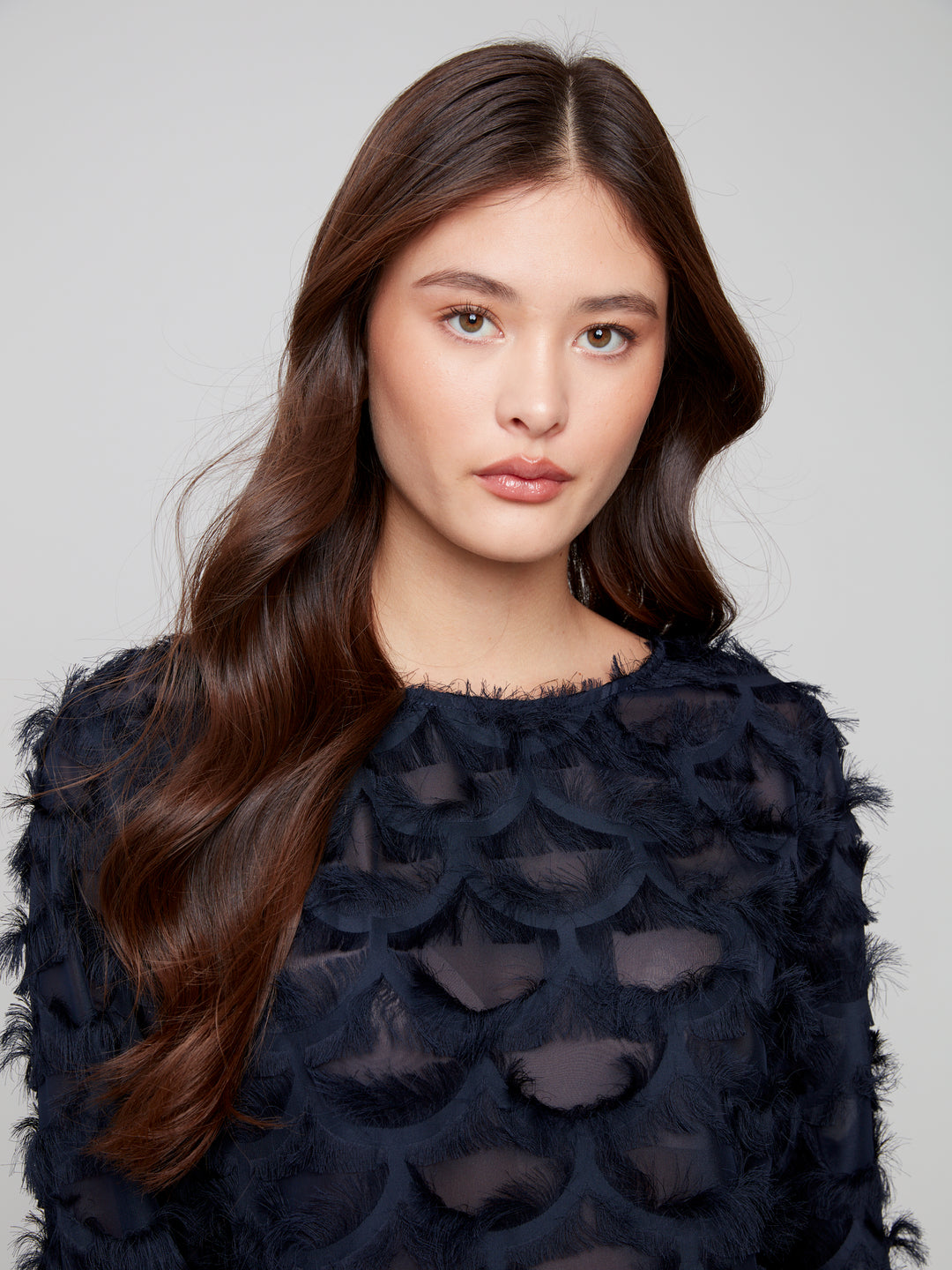 Navy Fancy Chiffon Eyelash Blouse