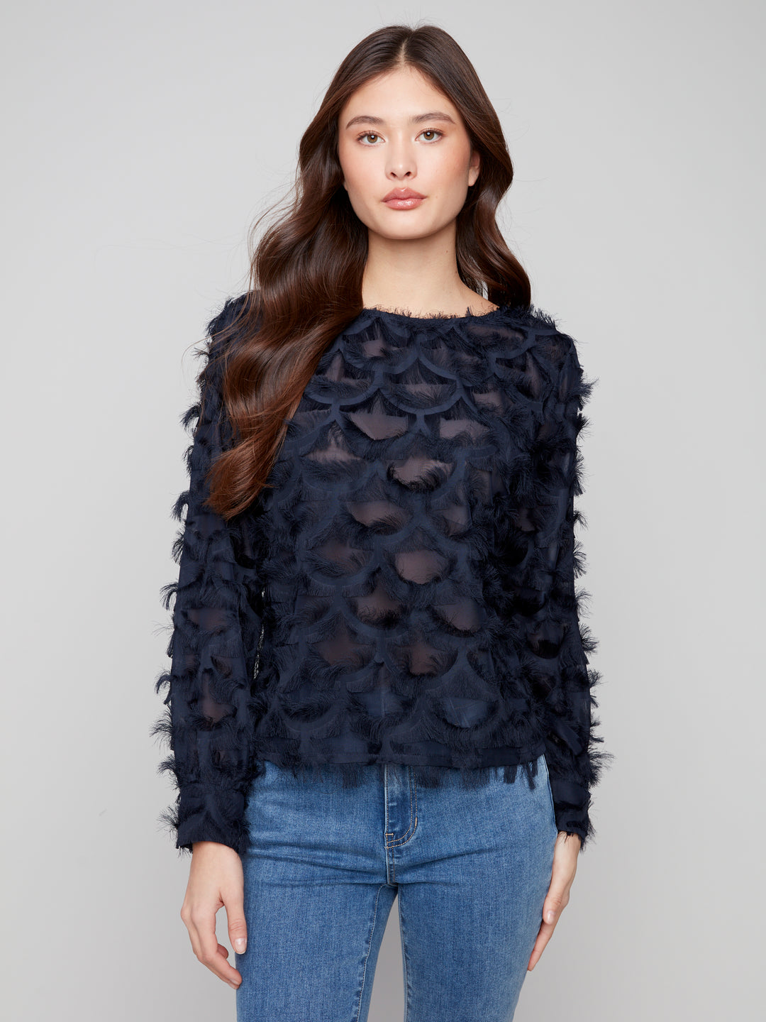 Navy Fancy Chiffon Eyelash Blouse