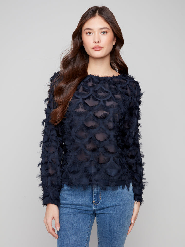 Navy Fancy Chiffon Eyelash Blouse