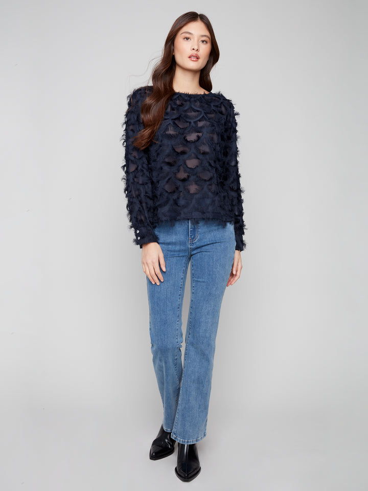 Navy Fancy Chiffon Eyelash Blouse