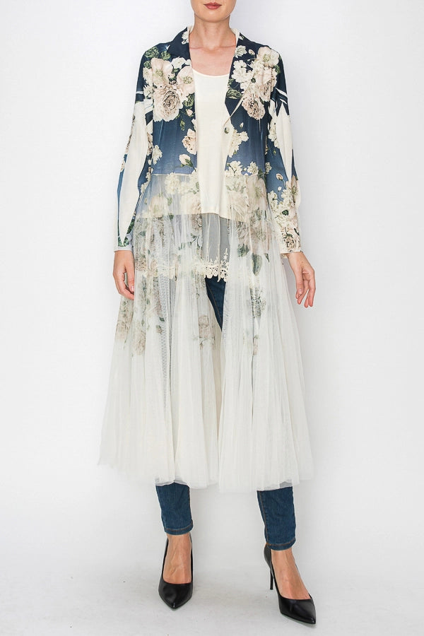 Navy Floral Cardigan Blazer with Sheer Bottom