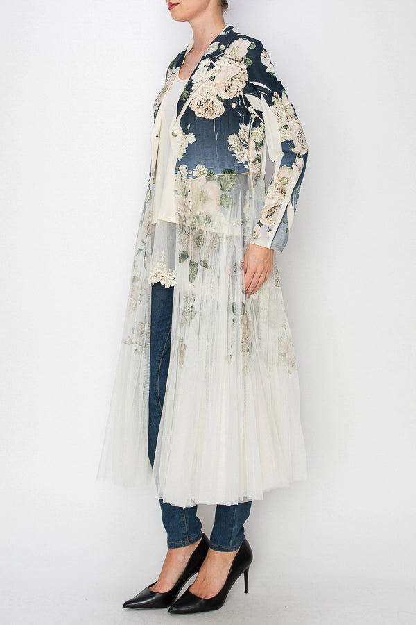 Navy Floral Cardigan Blazer with Sheer Bottom