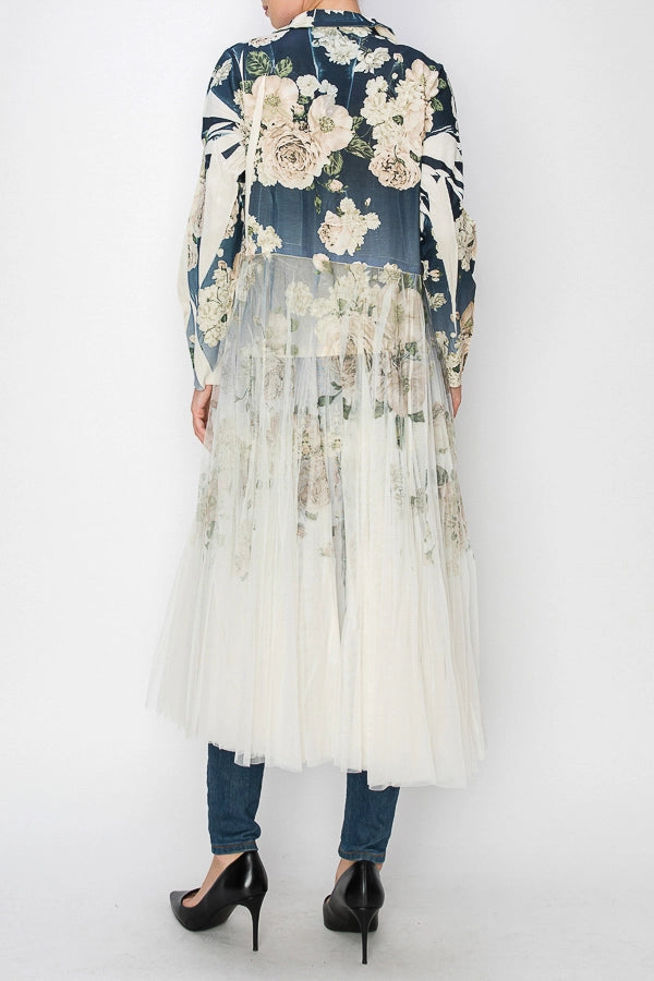 Navy Floral Cardigan Blazer with Sheer Bottom