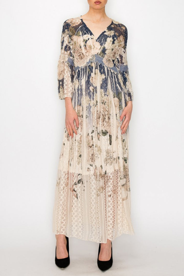 Navy Floral Print Lace Dress