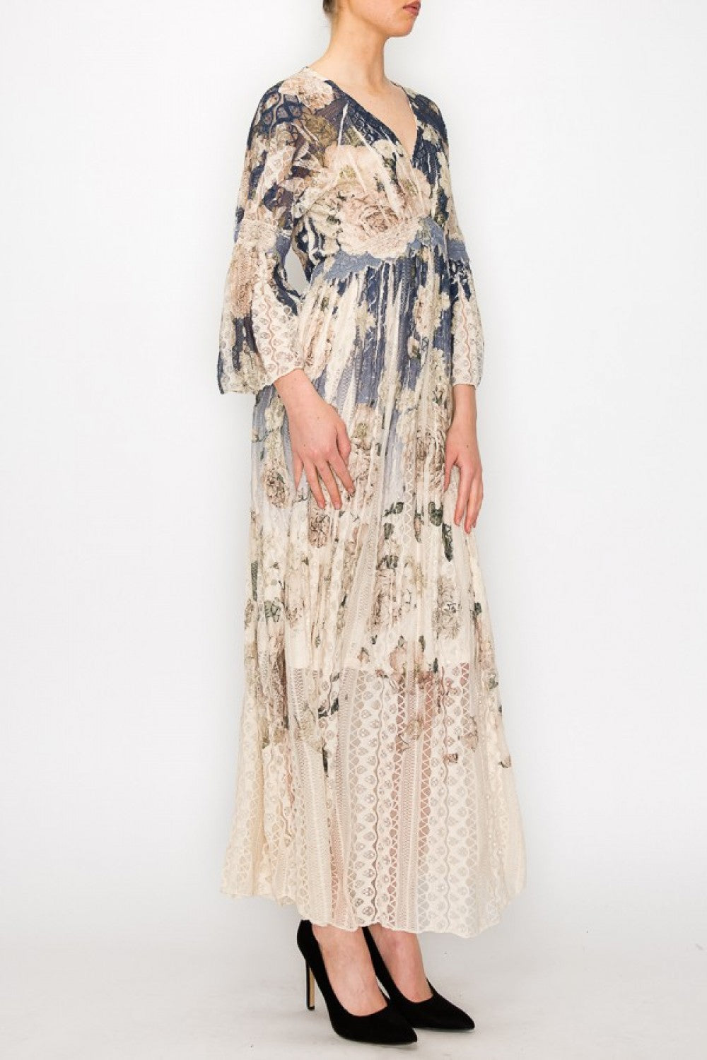 Navy Floral Print Lace Dress