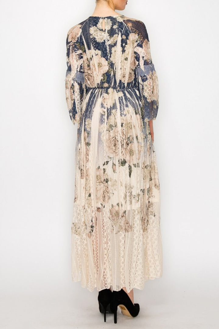 Navy Floral Print Lace Dress