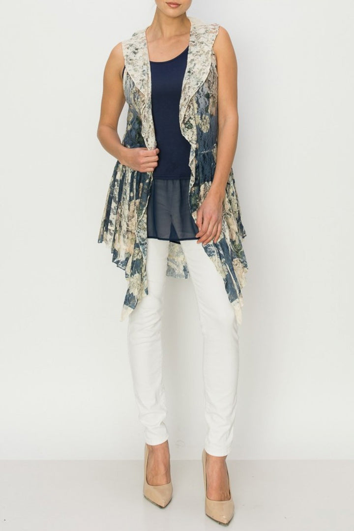 Navy Floral Print Lace Vest with Ruffles