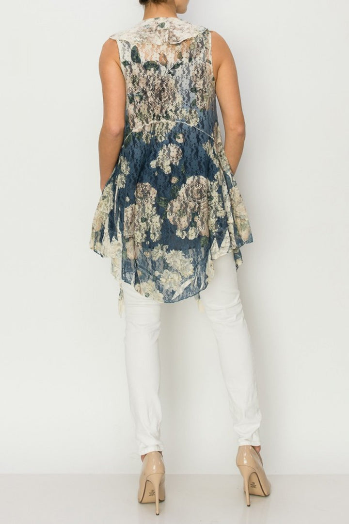 Navy Floral Print Lace Vest with Ruffles