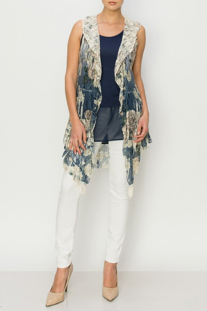Navy Floral Print Lace Vest with Ruffles