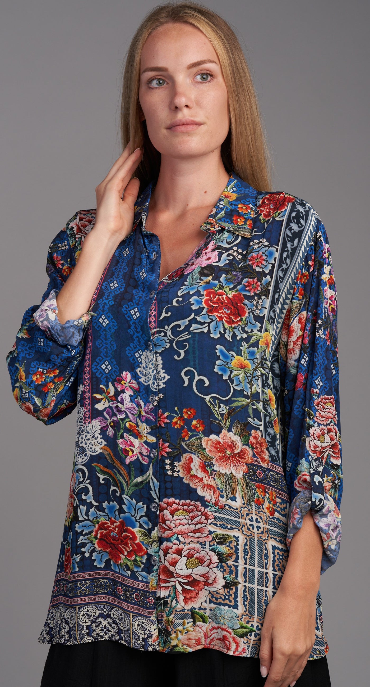 Navy Floral and Lace Print Silky Blouse