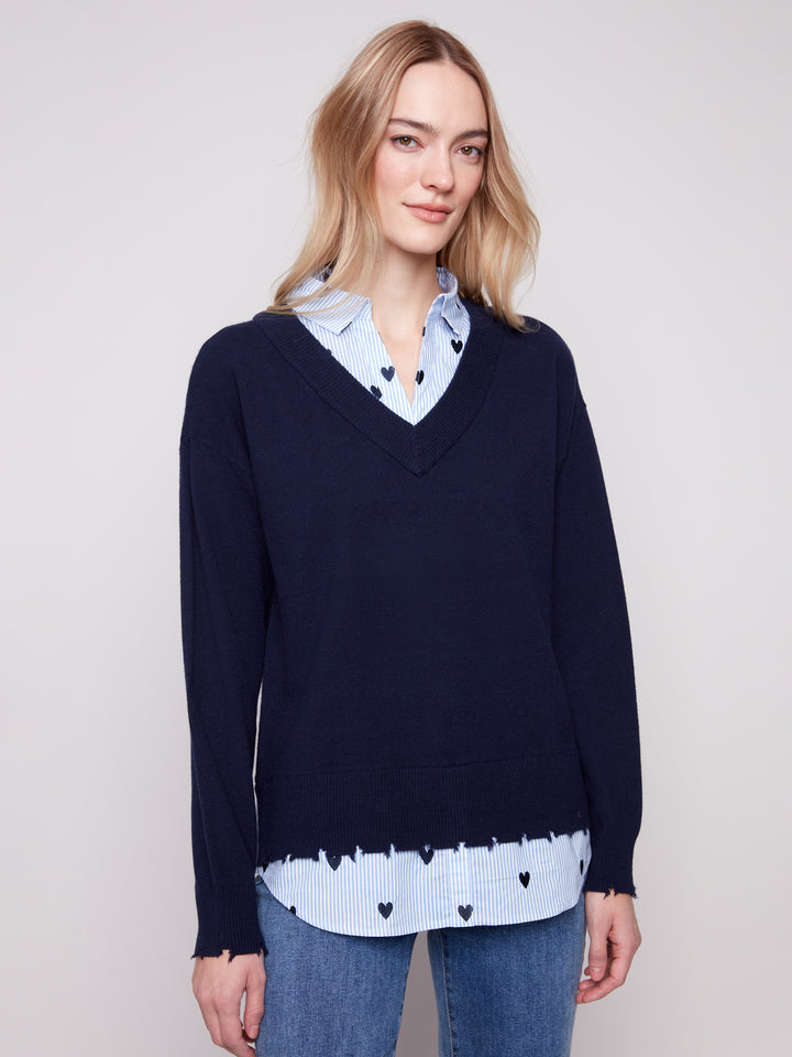 Navy Fooler Sweater With Shirt Collar