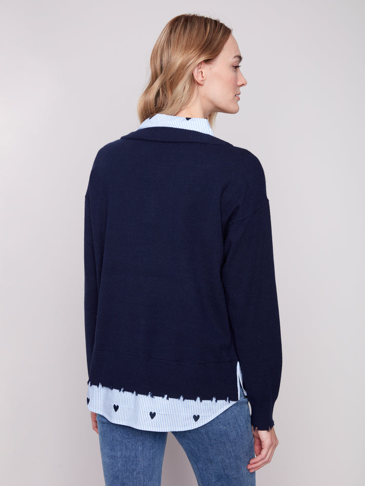 Navy Fooler Sweater With Shirt Collar
