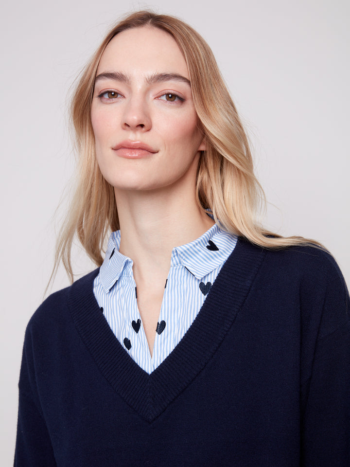 Navy Fooler Sweater With Shirt Collar