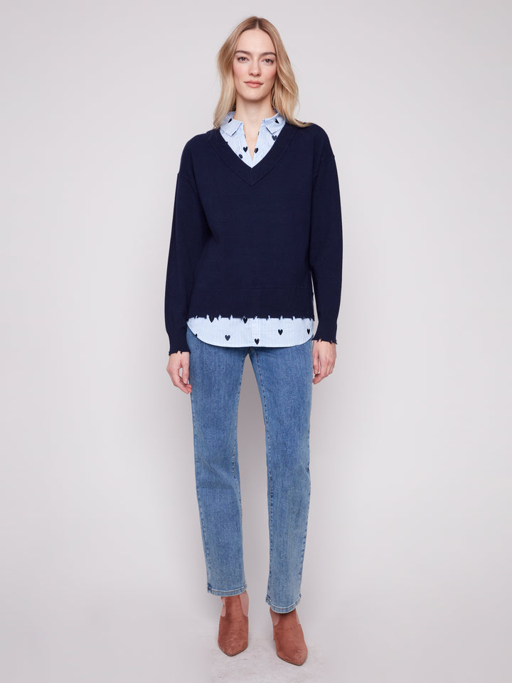 Navy Fooler Sweater With Shirt Collar