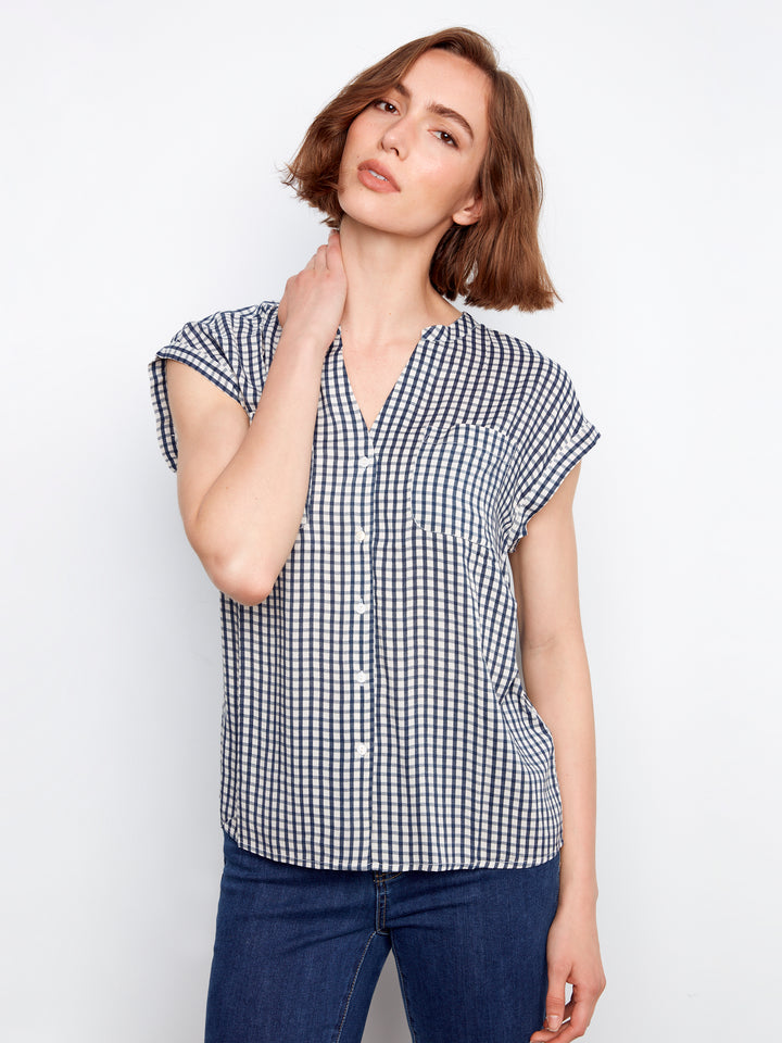 Navy Gingham Short Sleeve Blouse