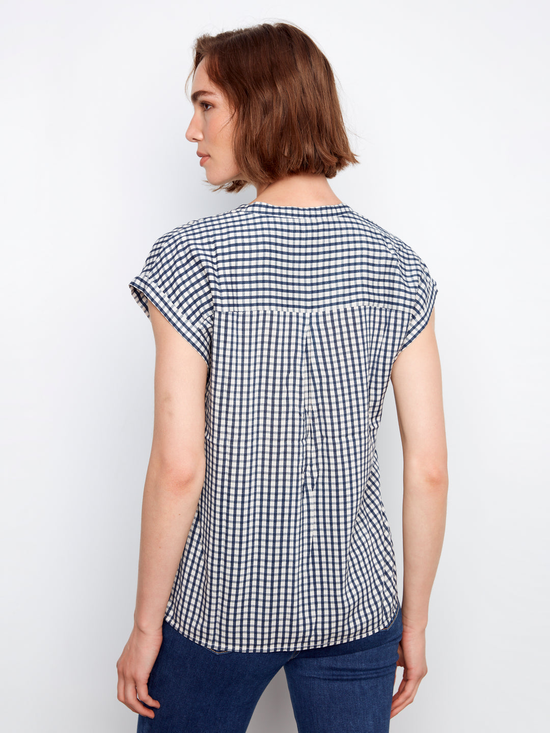 Navy Gingham Short Sleeve Blouse