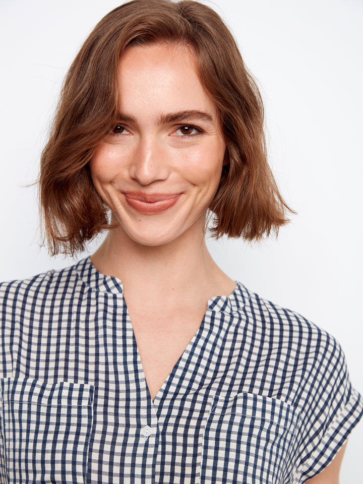 Navy Gingham Short Sleeve Blouse