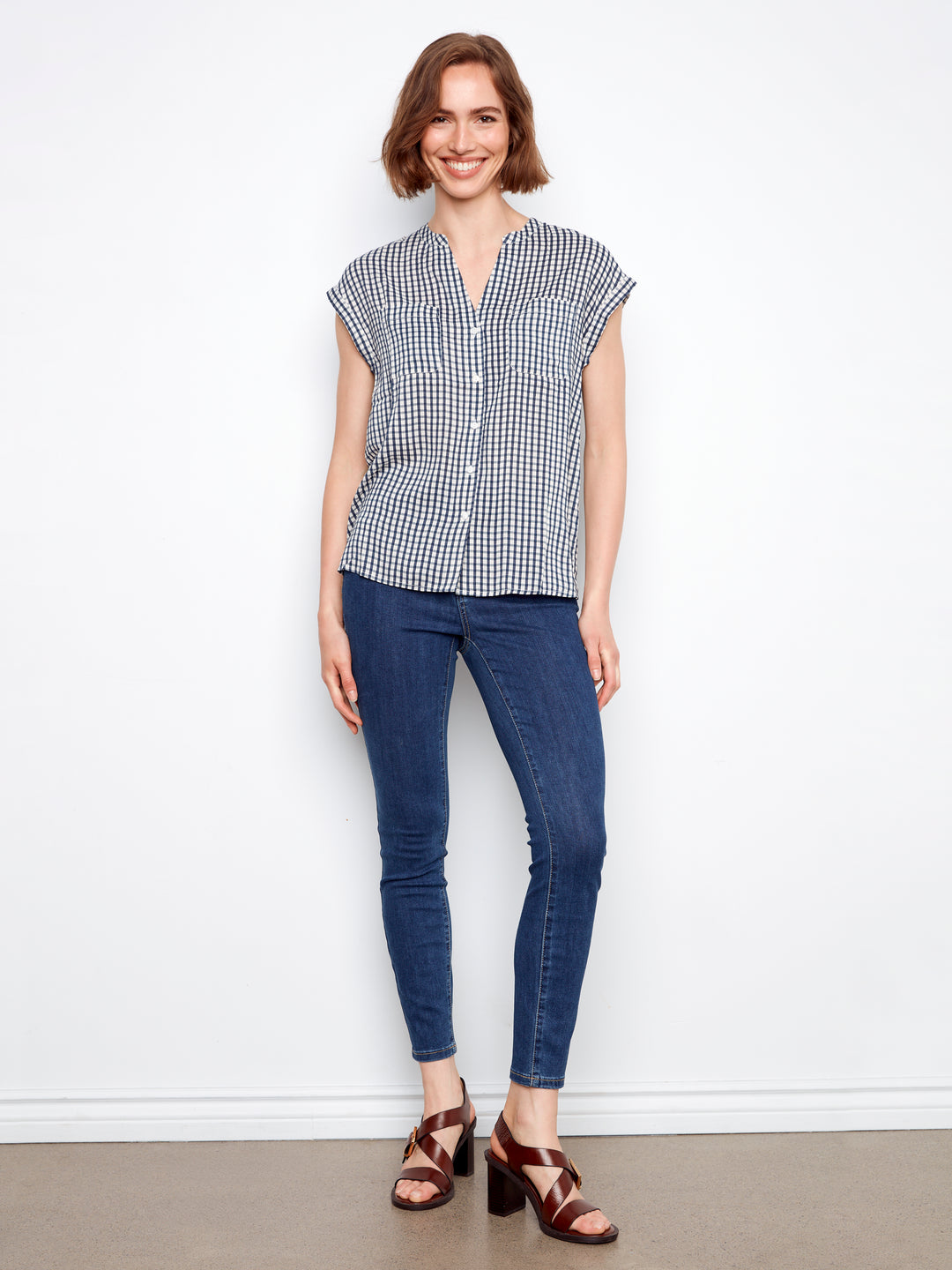 Navy Gingham Short Sleeve Blouse