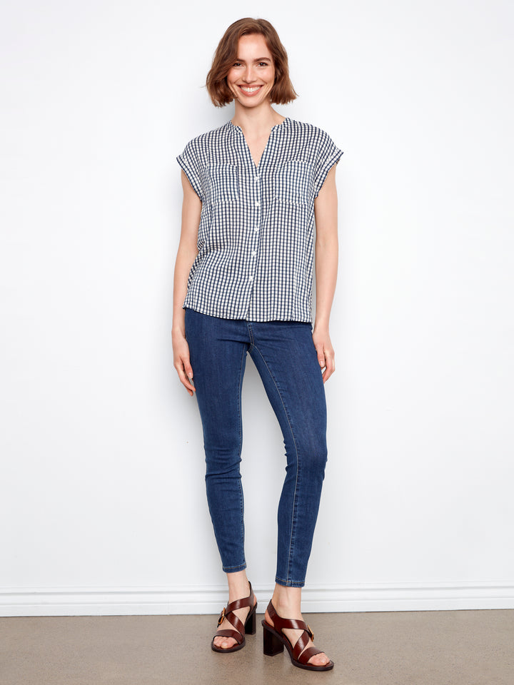 Navy Gingham Short Sleeve Blouse