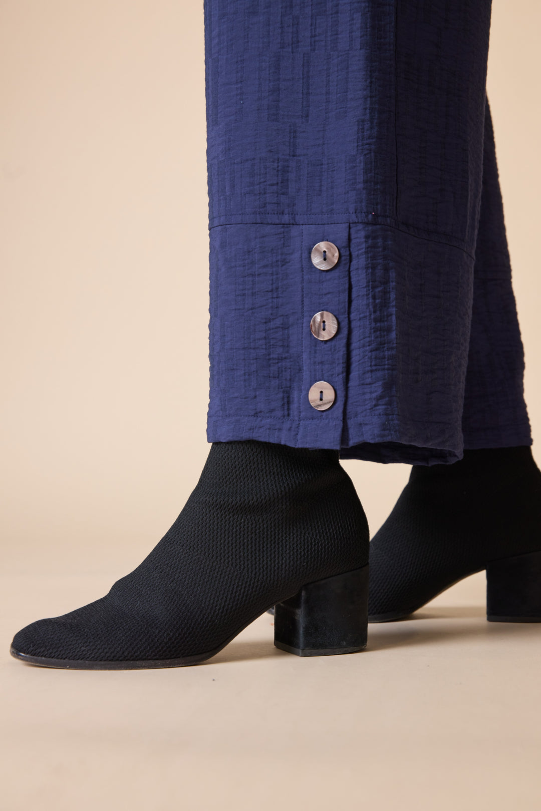 Navy Jacquard Button Hem Pant