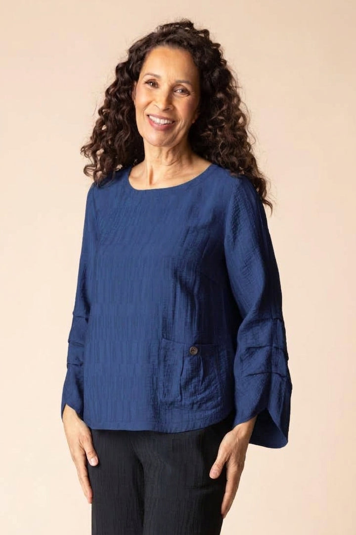 Navy Jacquard Pleated Pullover Top