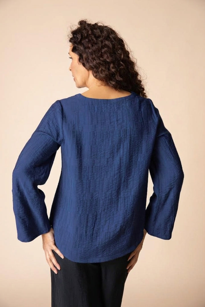 Navy Jacquard Pleated Pullover Top