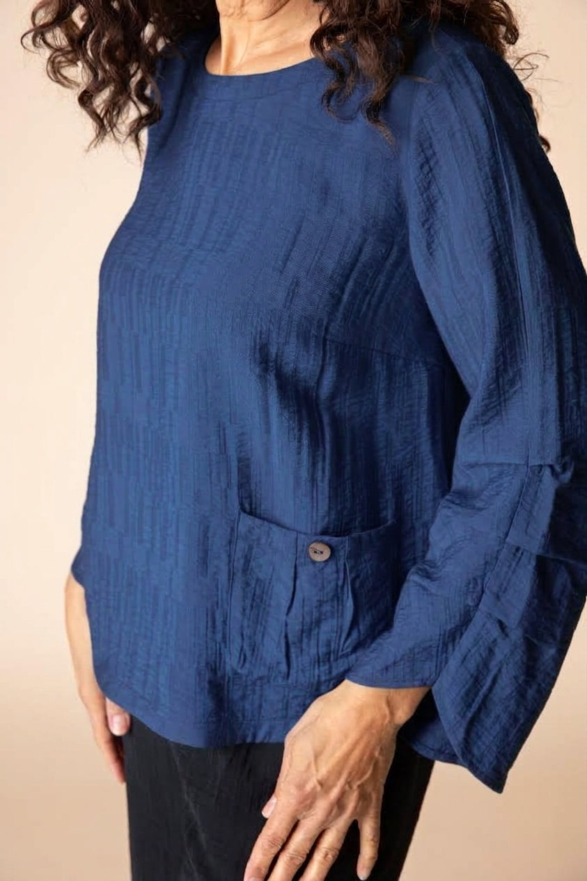 Navy Jacquard Pleated Pullover Top