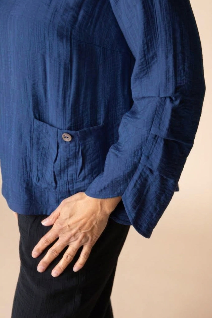Navy Jacquard Pleated Pullover Top