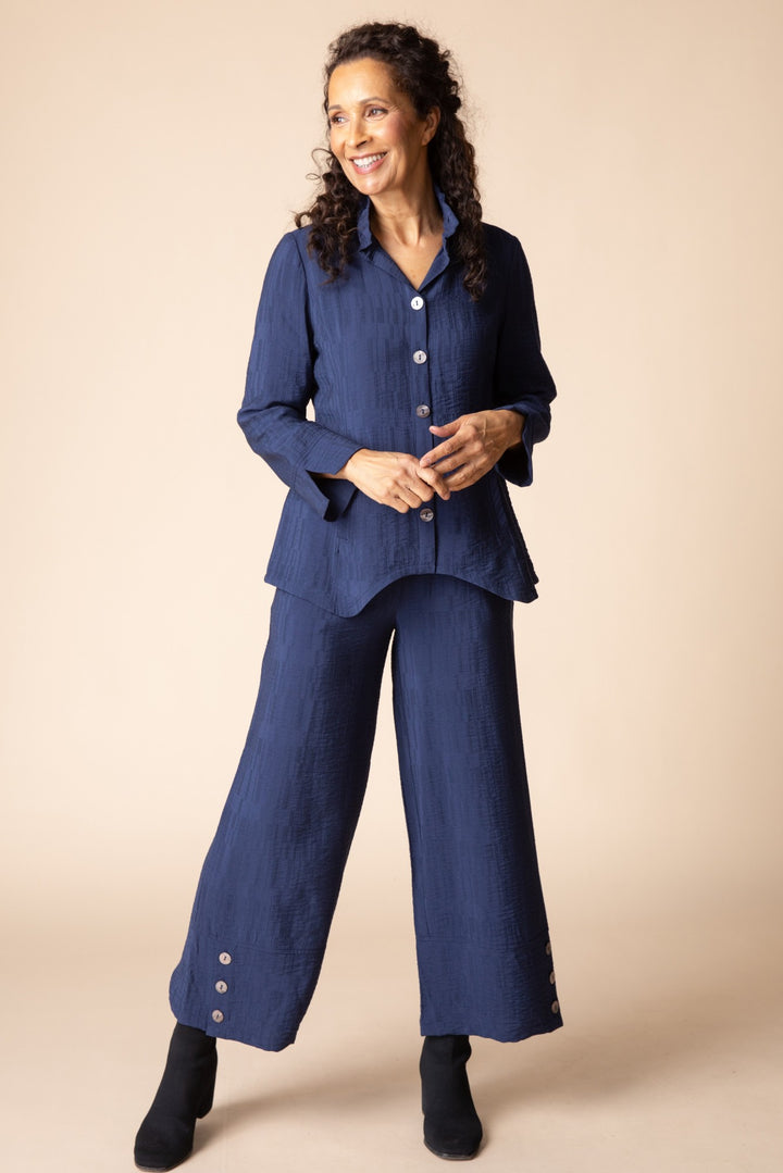 Navy Jacquard Button Hem Pant