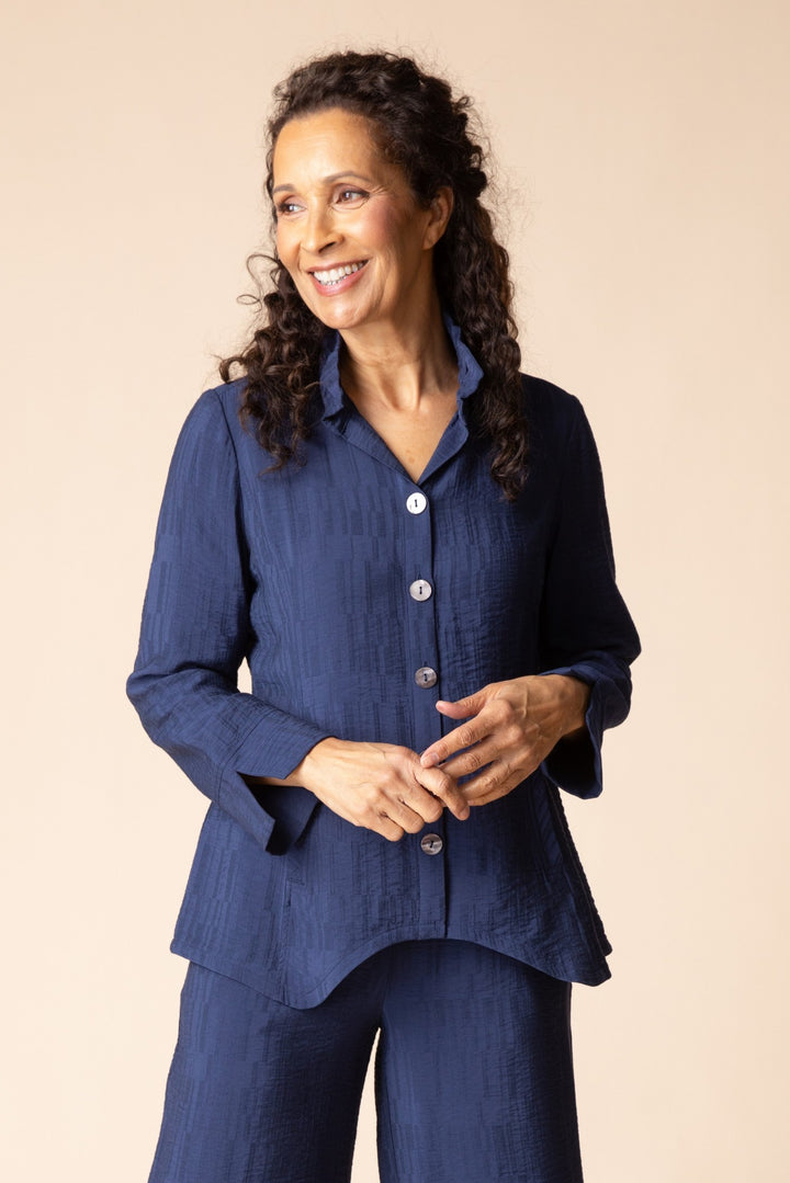 Navy Jacquard Ruched Collar Shirt