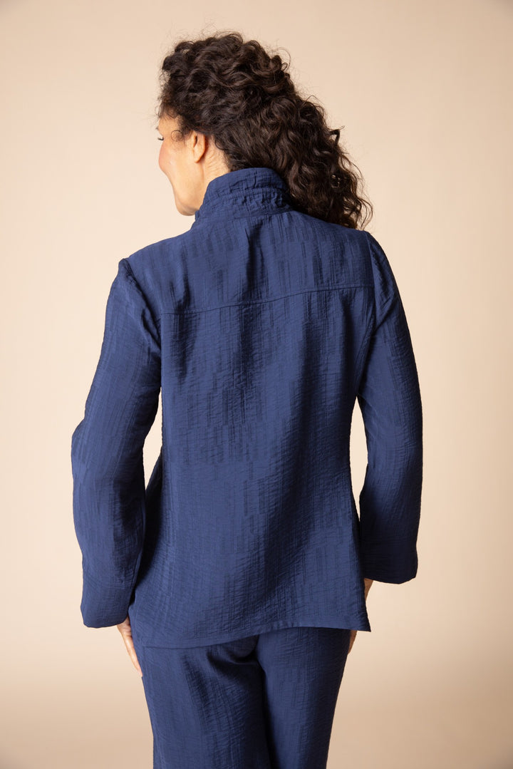 Navy Jacquard Ruched Collar Shirt