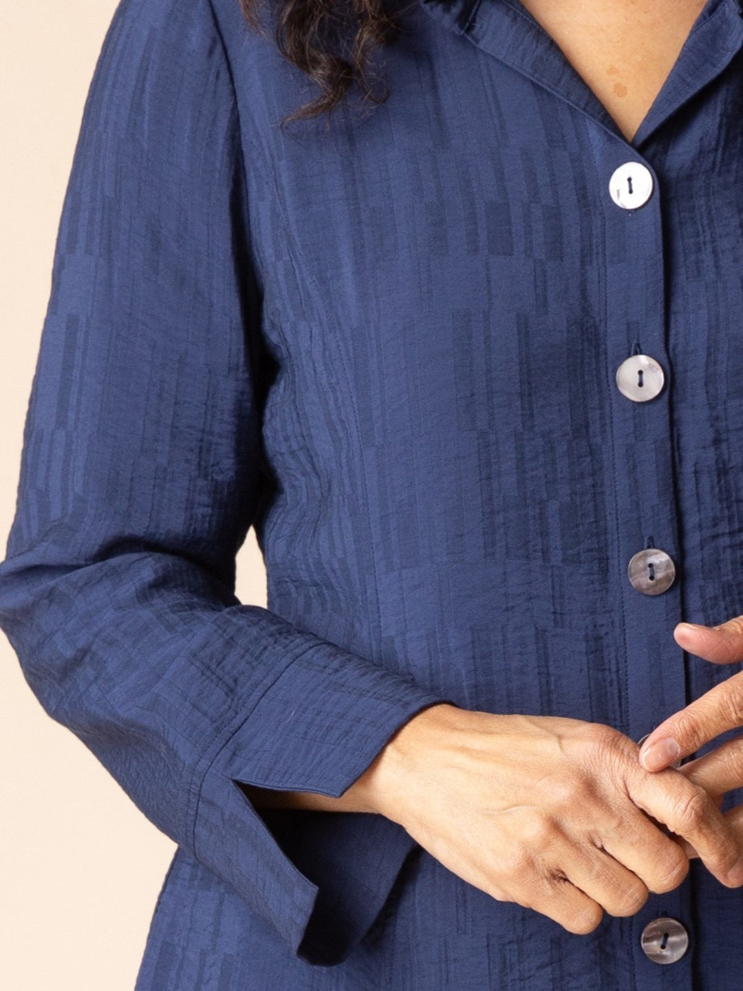 Navy Jacquard Ruched Collar Shirt