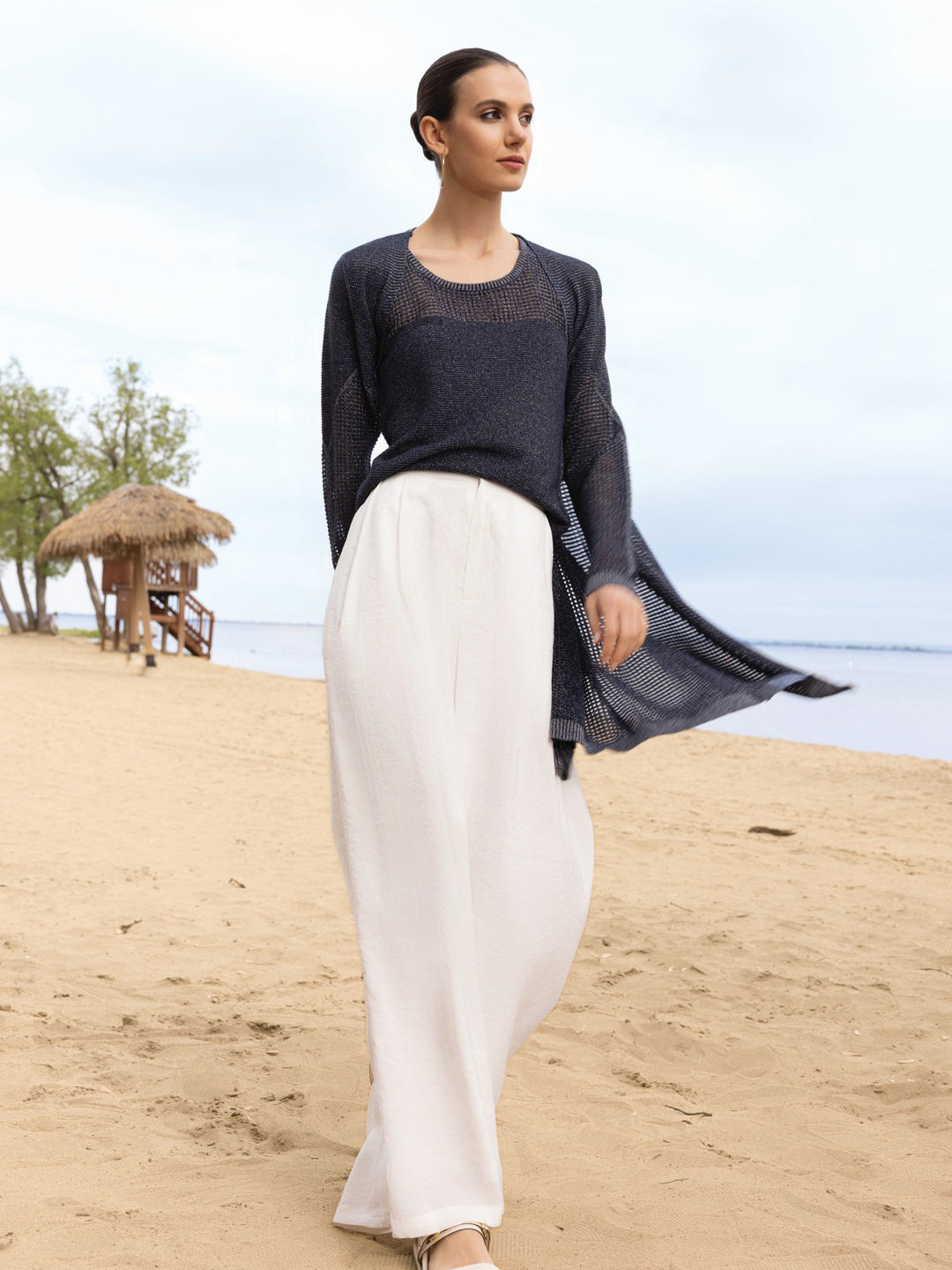 Navy Mixed Knit Long Cardigan