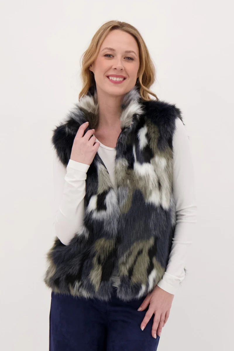 Navy Multi Print Faux Fur Vest