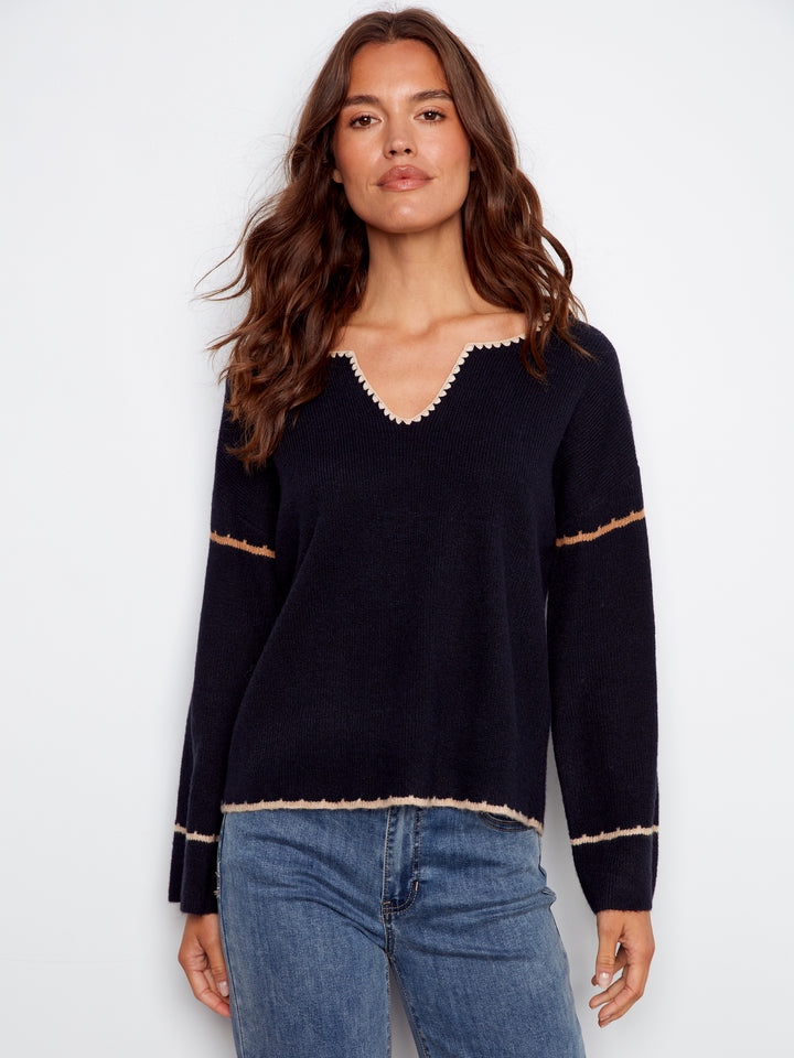 Navy Notch Neck Embroidered Sweater