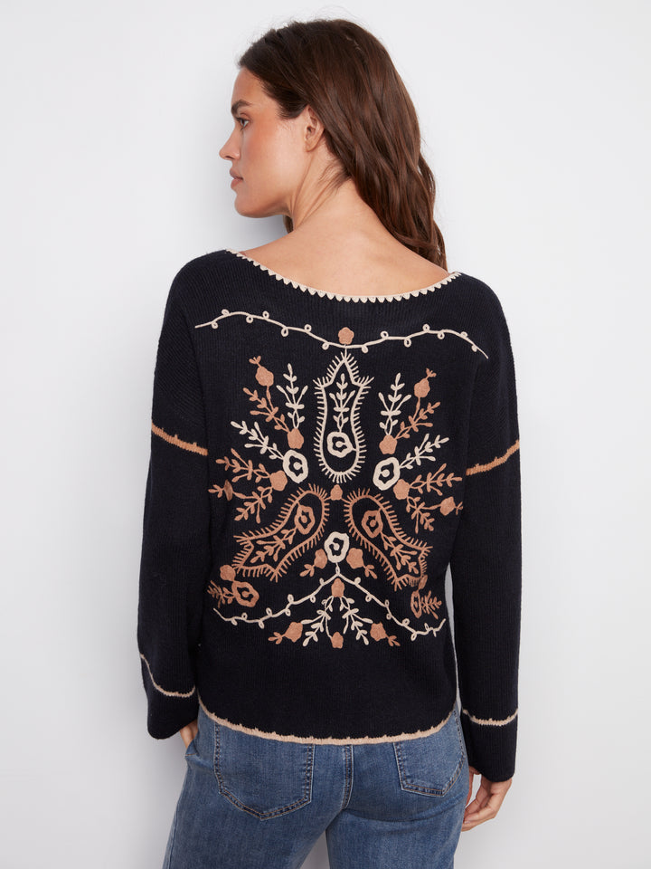 Navy Notch Neck Embroidered Sweater