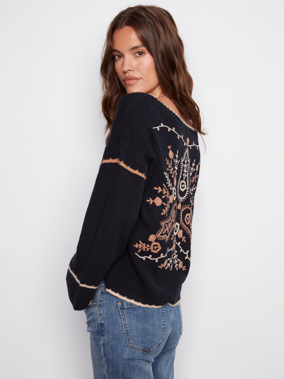 Navy Notch Neck Embroidered Sweater
