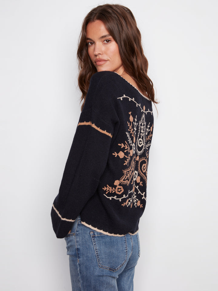 Navy Notch Neck Embroidered Sweater