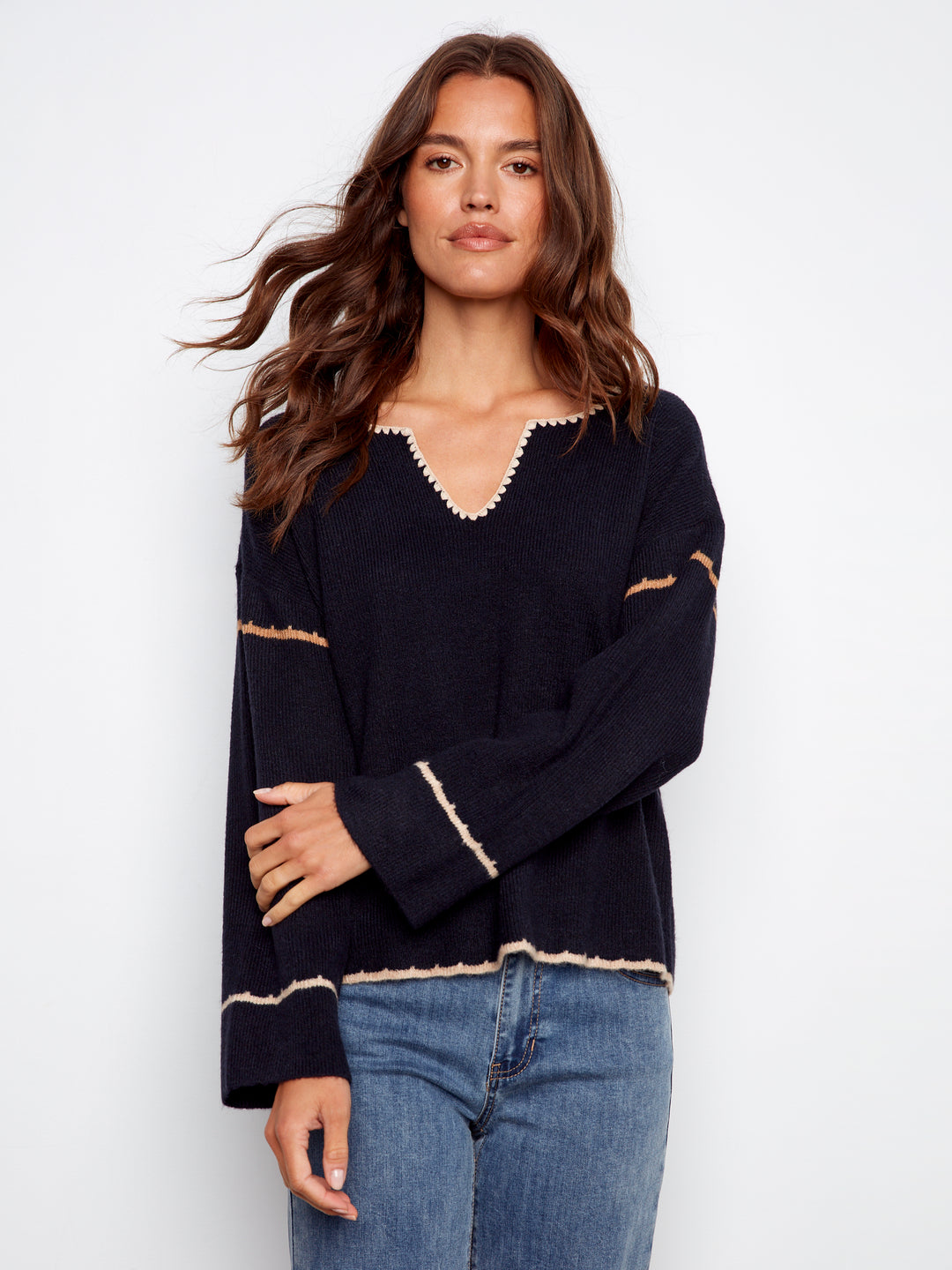 Navy Notch Neck Embroidered Sweater